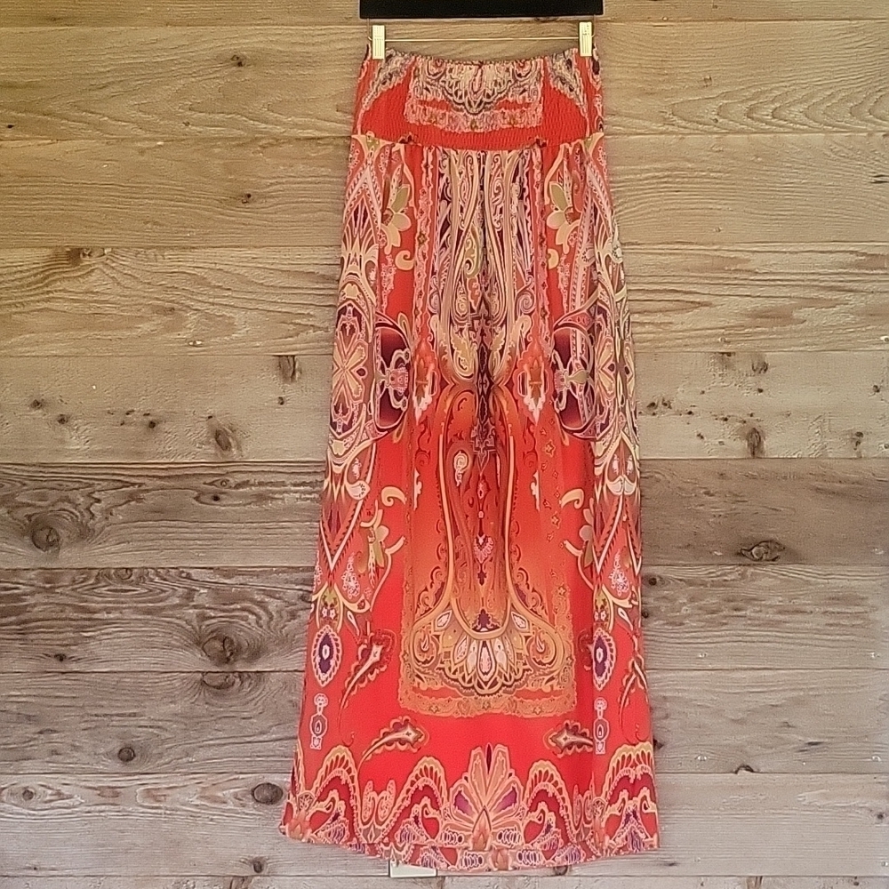 Soma Red Printed Smocked Top Strapless Maxi Dress Size Small - Picture 4 of 5
